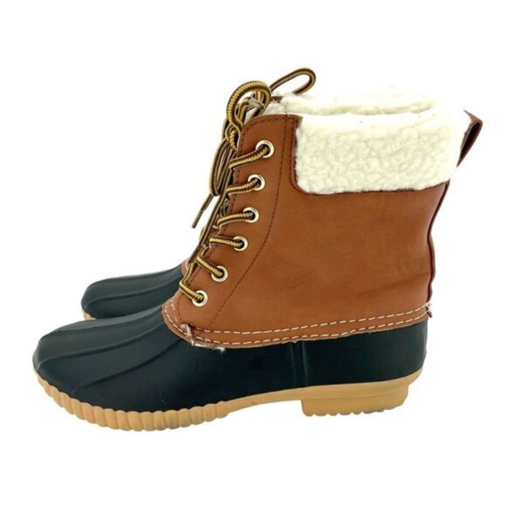 Mia Faux Shearling Trimmed Brown Faux Leather Rubber Duck Boots SZ 7 New